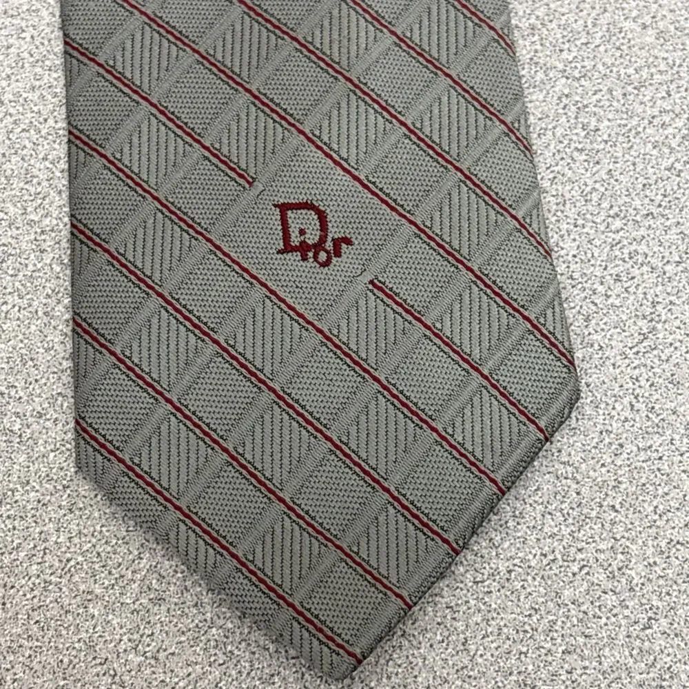 Lot Of 2 Christian Dior Tie Necktie, Silk Blend, Beige, Gray, Embroidered Logo